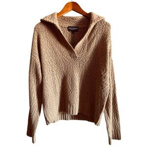 Lucchese Evelyn Cashmere Polo Sweater Size Large Tan Long Sleeve Pullover V Neck
